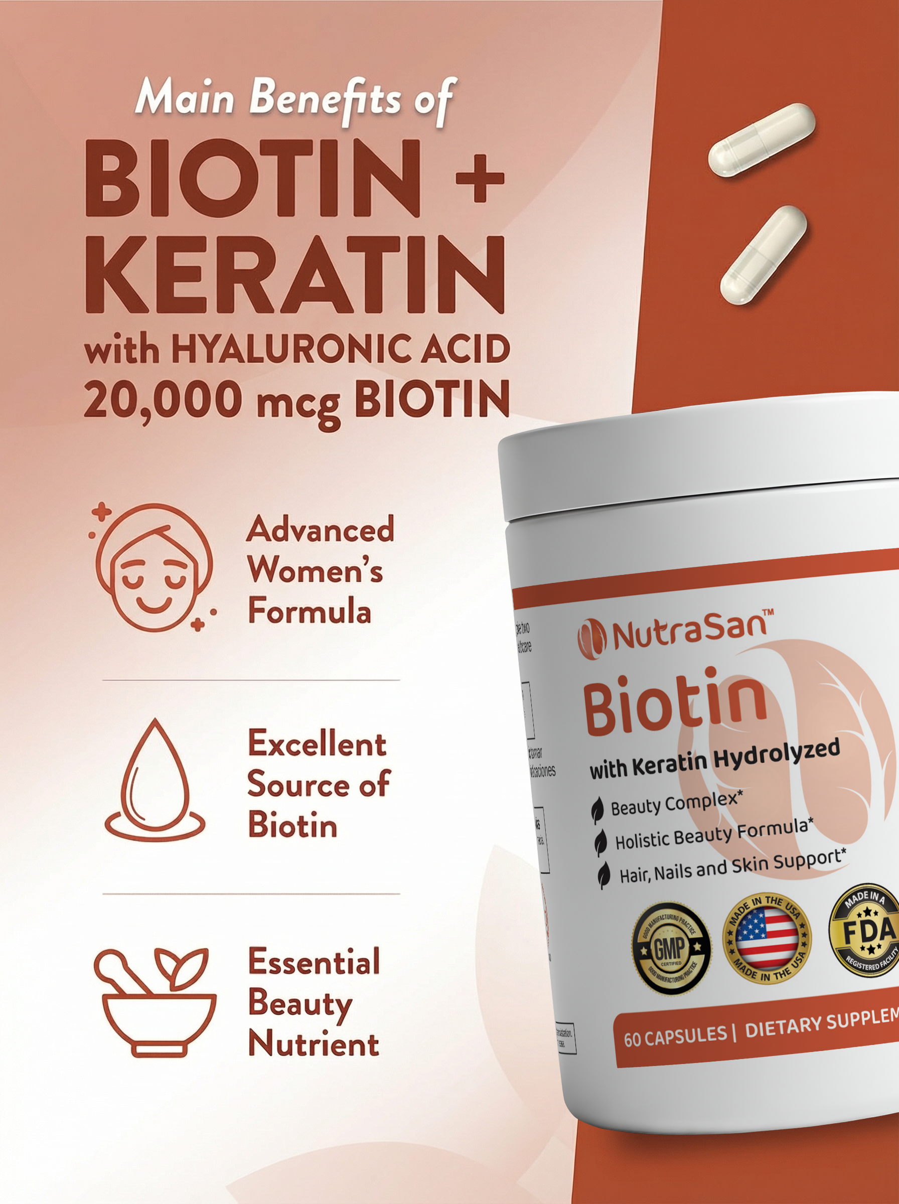 Biotin 20,000 mcg with Hydrolyzed Keratin, Vitamin C, Hyaluronic Acid and Zinc