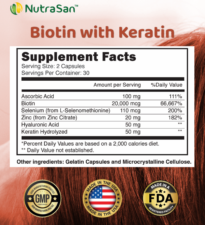 Biotin 20,000 mcg with Hydrolyzed Keratin, Vitamin C, Hyaluronic Acid and Zinc